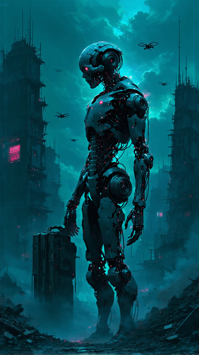 AI generated: A lone cybernetic human stands amidst the ruins of a fallen megacity, a haunting fusion of flesh and...