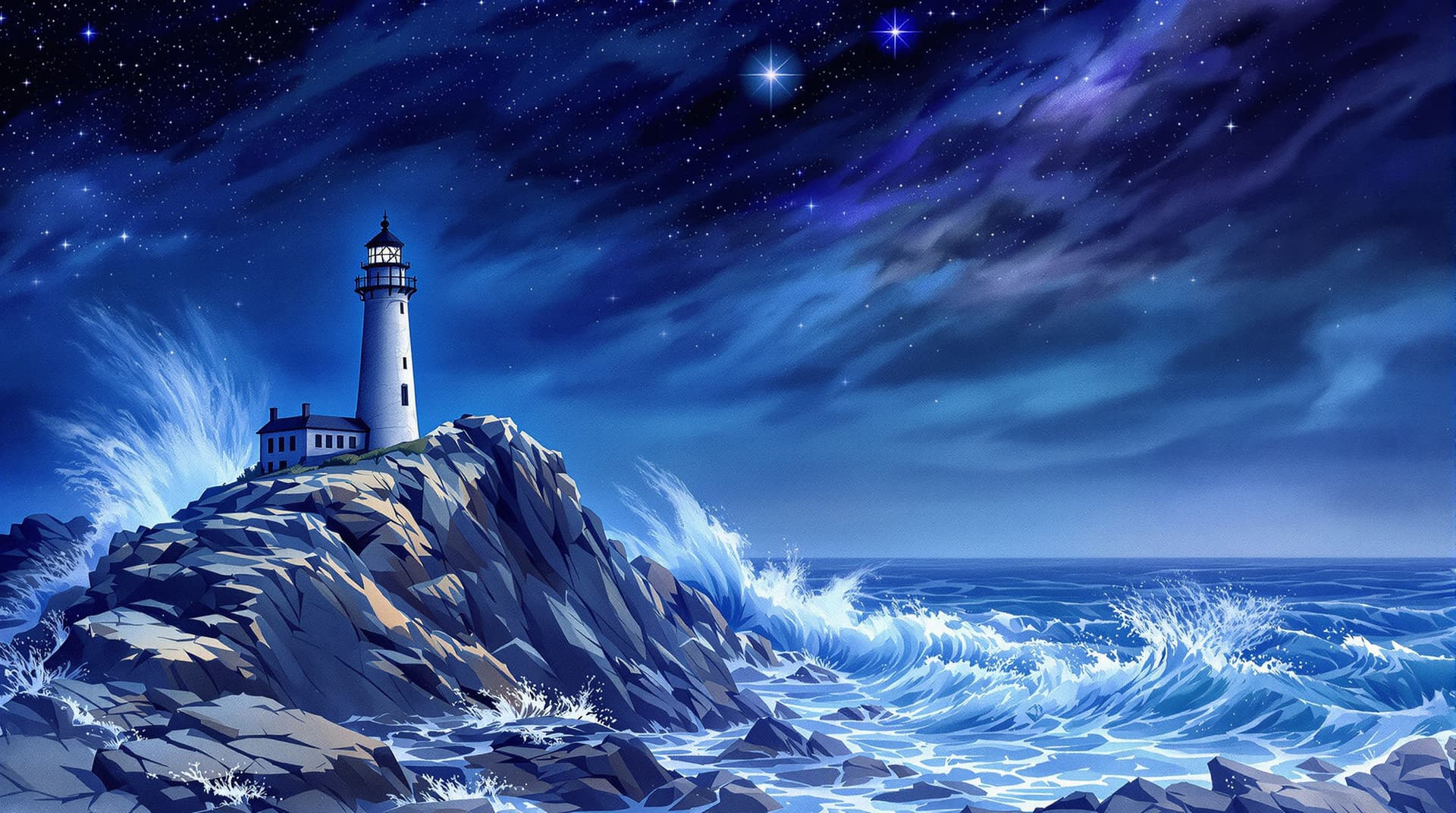 AI generated: A lone, ancient lighthouse stands defiantly on a jagged cliff overlooking a tumultuous, star-filled ...