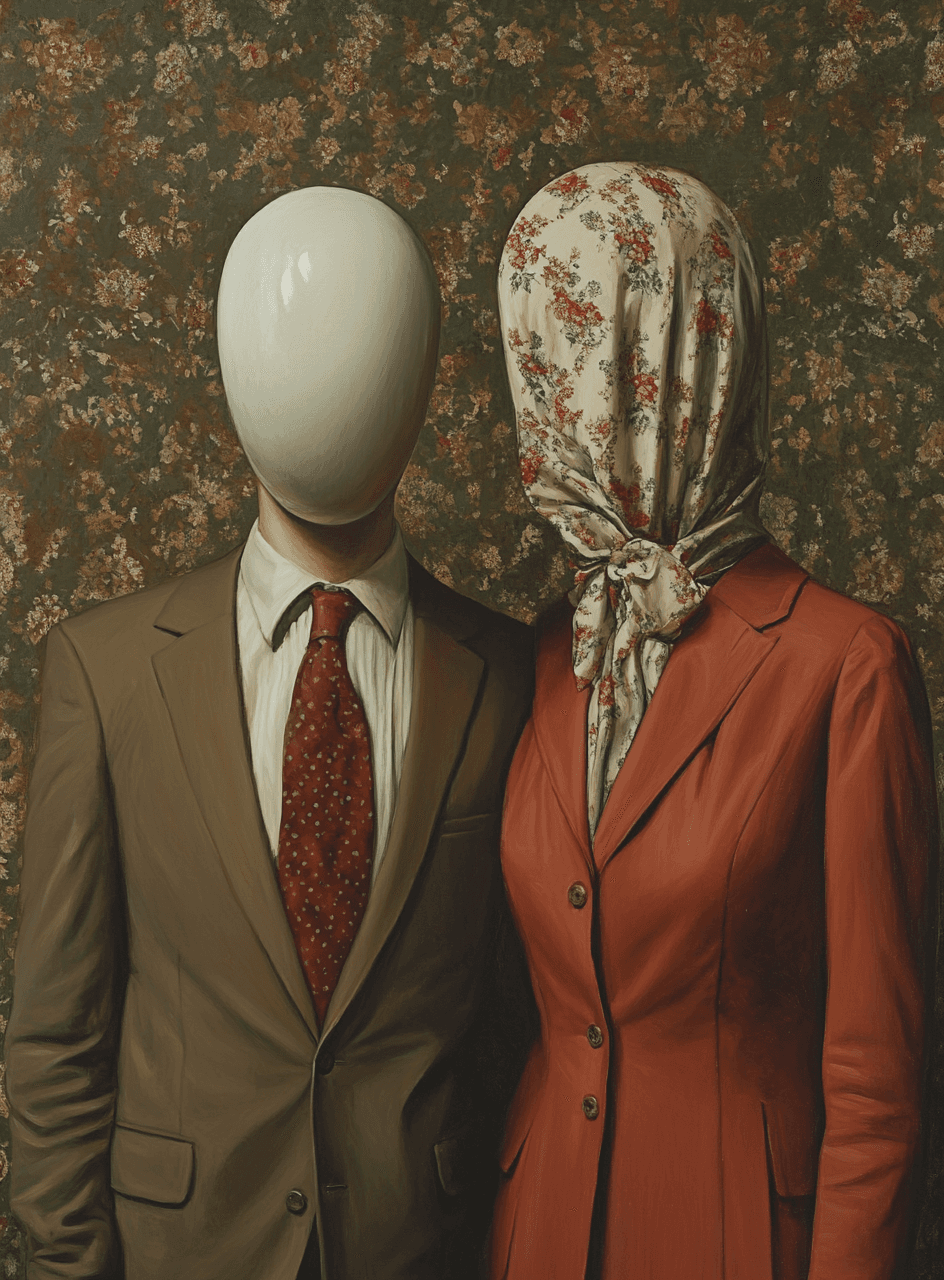 AI generated: a brown painting of two people in a suit, in the style of dutch genre scenes, green and crimson, met...