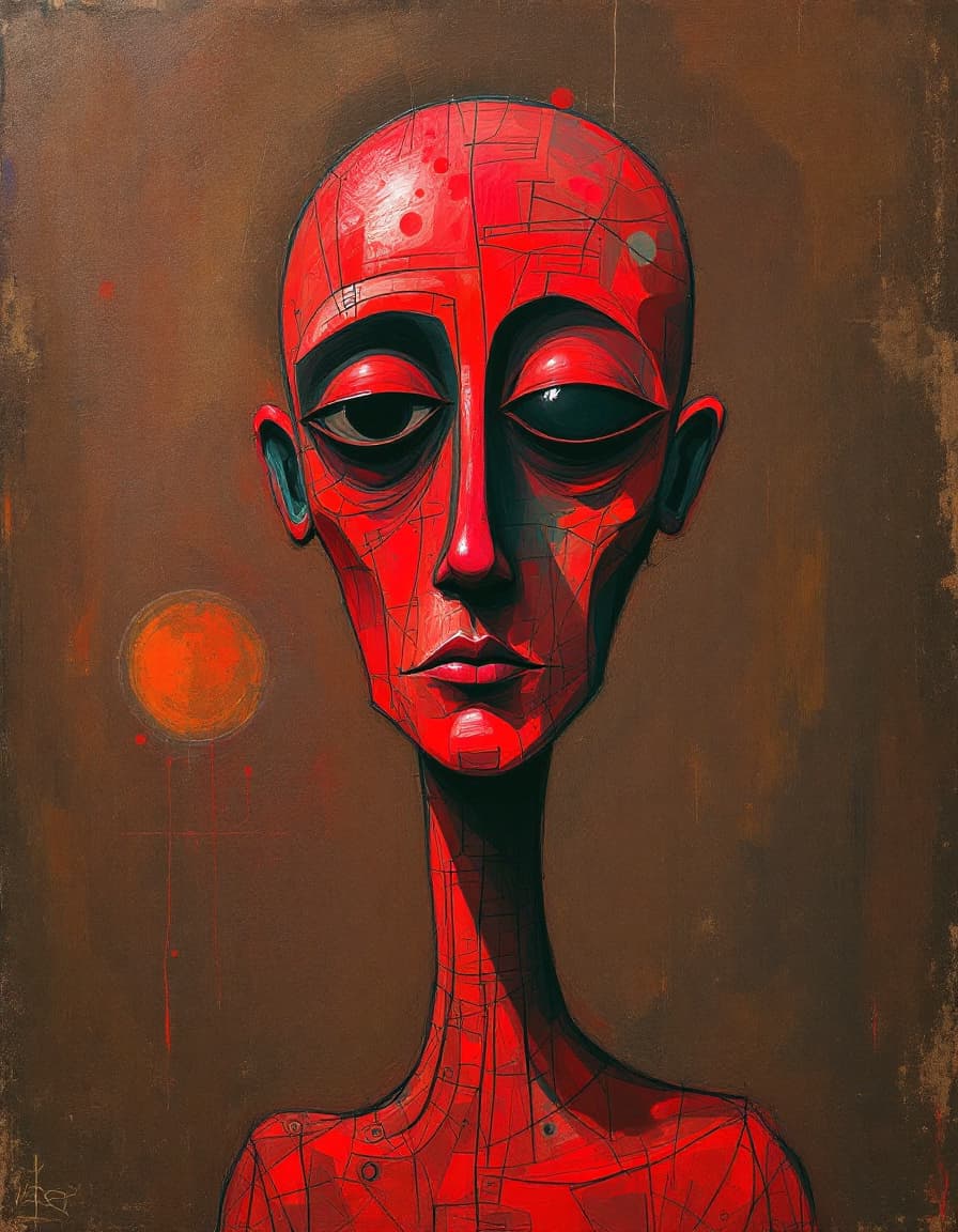 AI generated: A red figure with an psychedelic head and nose, in the style of Picasso, is depicted in the center o...