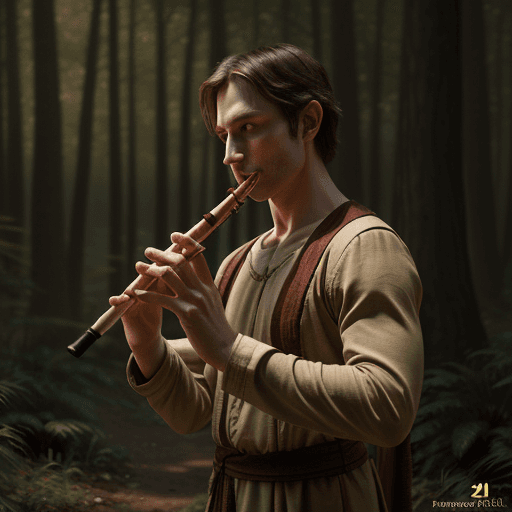 AI generated: an average looking, DnD human, in a forest, plaing a wooden piccolo flute, cinematic light, 4k, phot...