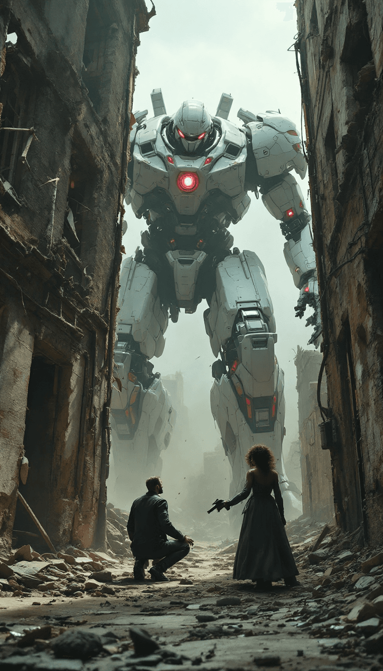 AI generated: Dystopian setting, Cinematic, 4k, massive white and red mecha robot emerging from behind a crumbling...