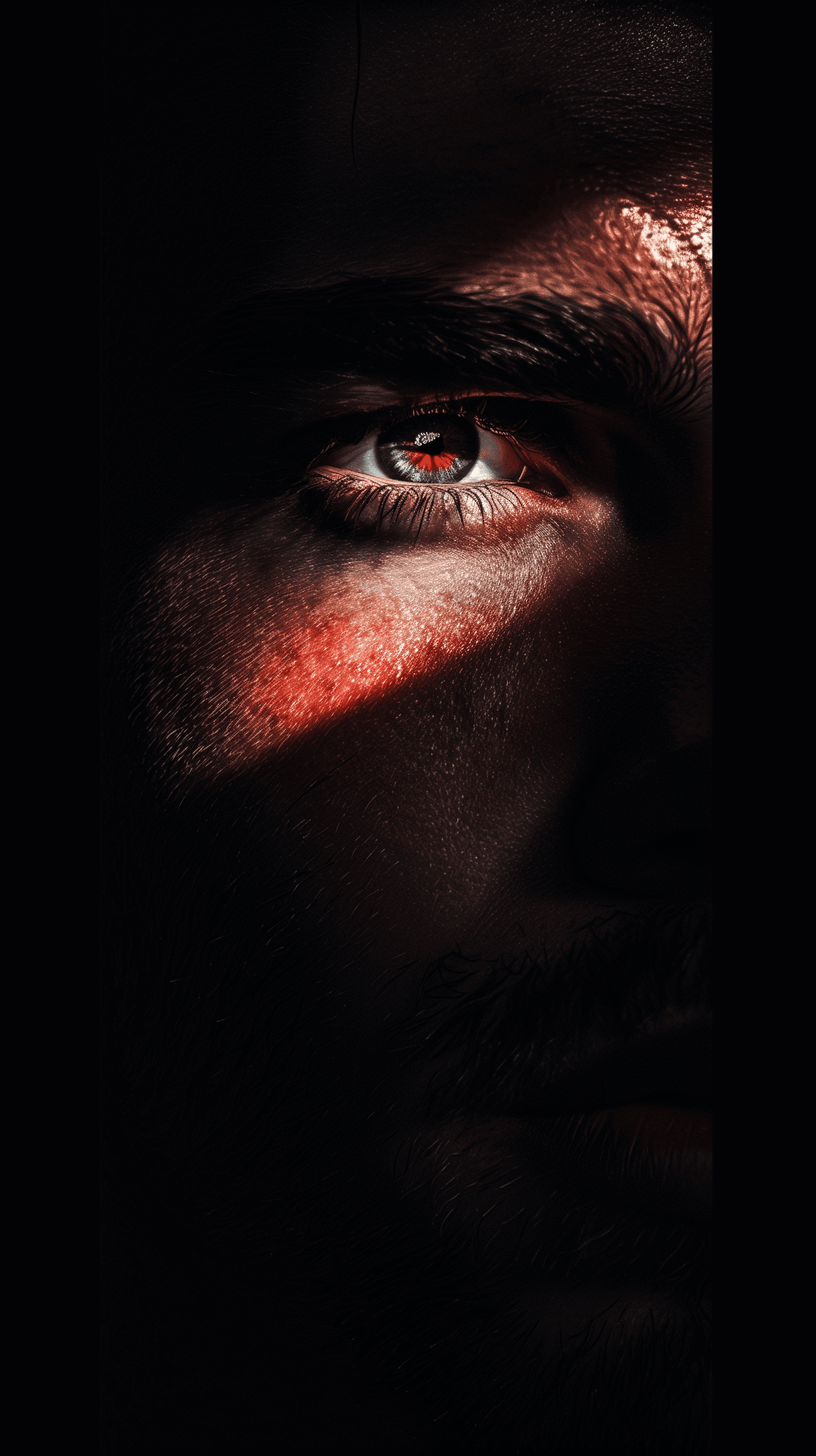 AI generated: photography, dramatic portrait of a man, his face partially obscured by a shadow against a black bac...