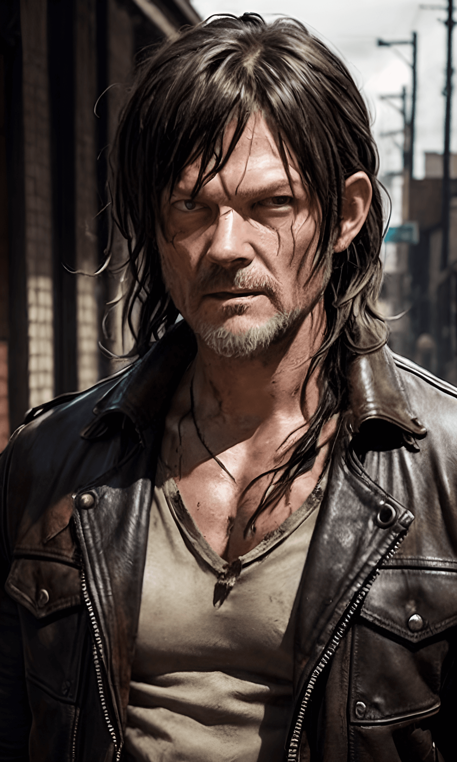 AI generated: A portrait featuring  rugged Norman Reedus as Daryl Dixon from The Walking Dead, fantasy fiction sty...