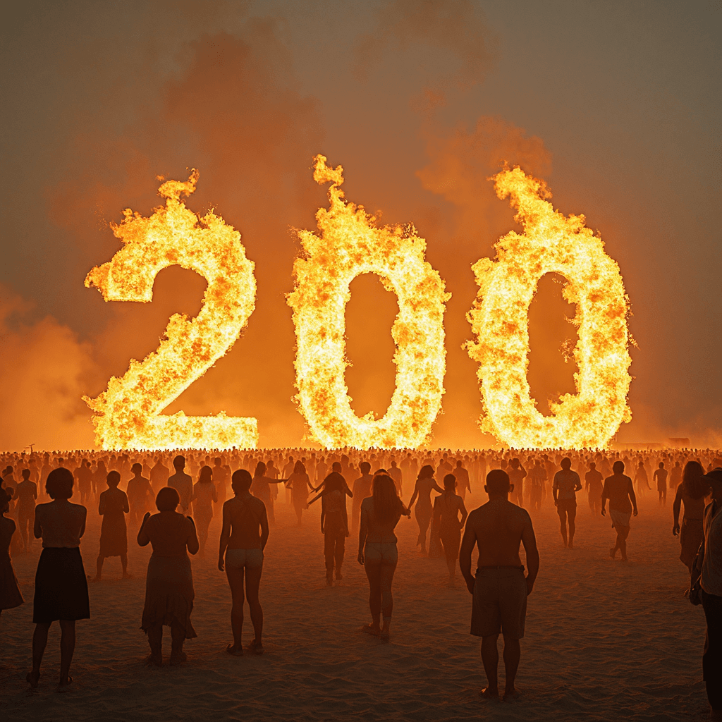 AI generated: in the Black Rock desert at the Burning Man festival a huge colossal figure in shape of number "200"...