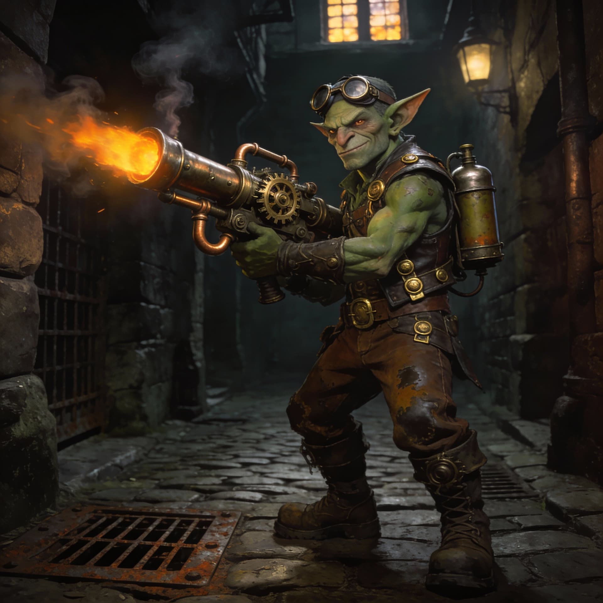 AI generated: male goblin artificer with a steampunk flame thrower wearing steampunk outfit in a dark medieval all...