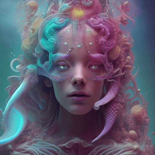 AI generated: Goddess close-up portrait ribcagel. jellyfish phoenix head, nautilus, orchid, skull, betta fish, bio...