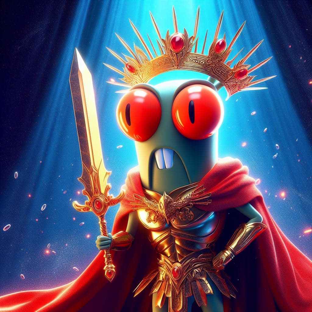 AI generated: plancton is the mightiest god with a sword, red eyes, heroic pose, divine and celestial light, maste...