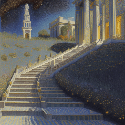 AI generated: Led Zeppelin´s Stairway to heaven", fine detailed pointillism painting + low-angle view, hyper-reali...