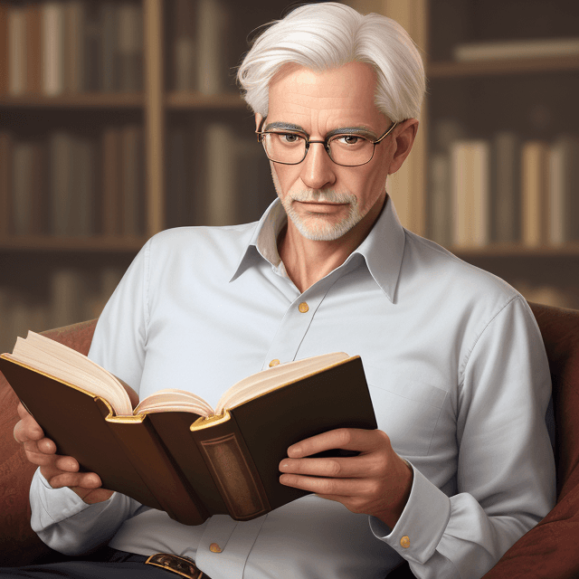 AI generated: realistic photography, mature man, thin, with white hair, without a beard, reading glasses with gold...