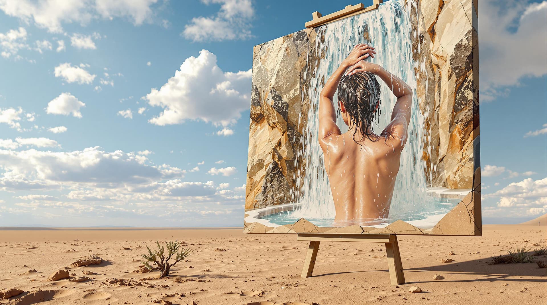 AI generated:  surrealism painting 3d scenery, in the middle of the desert, a giant canvas  in  the right side dis...