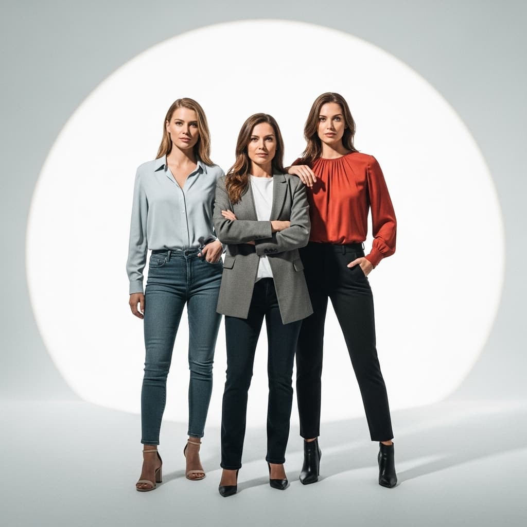 AI generated: epic realistic, three women in a bright white studio, standing confidently together. each wears a di...