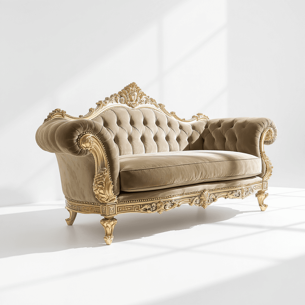 AI generated: high resolution photography, conceptual single sofa, inspired by Versace, curved shape form, gold Me...