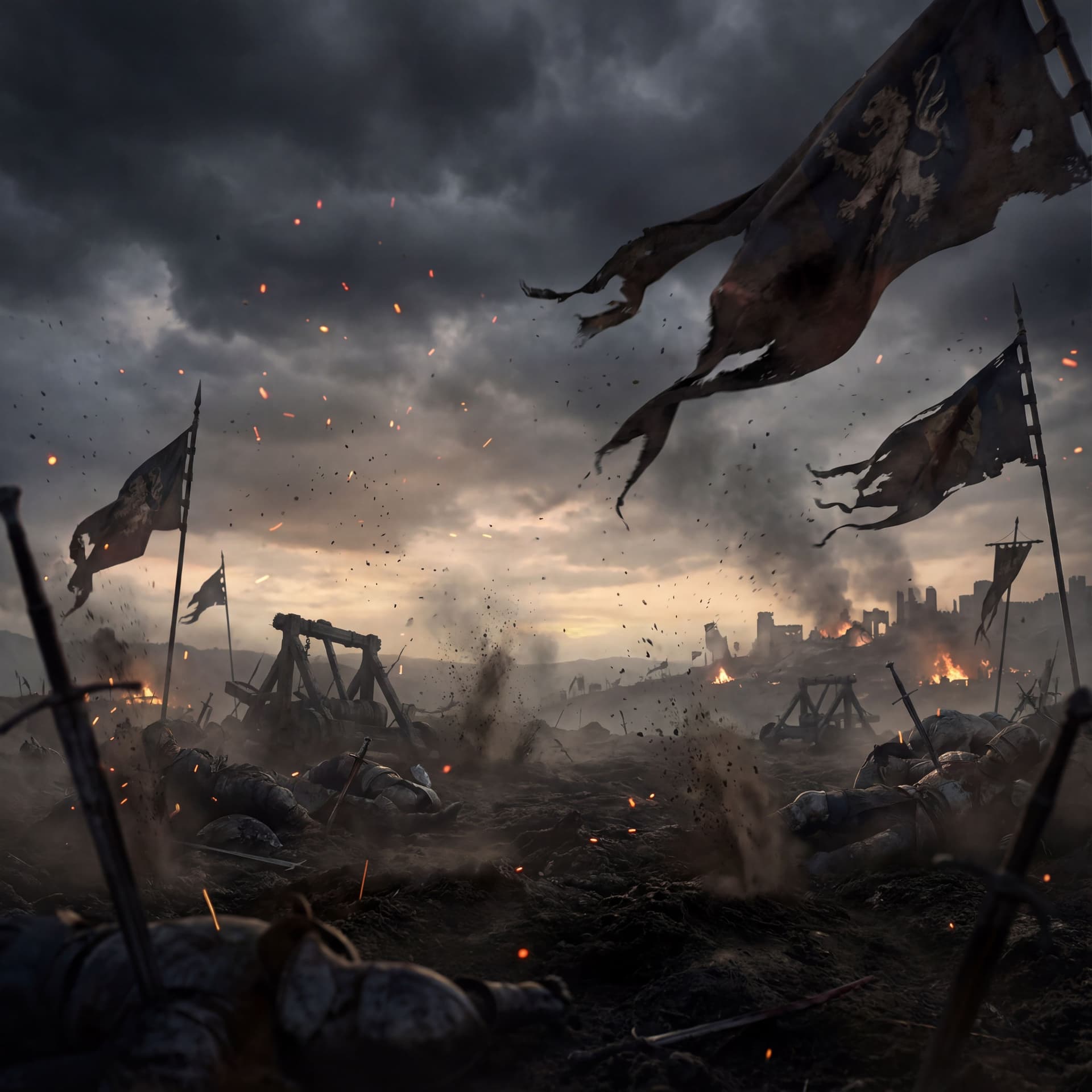 AI generated: Epic fantasy medieval battlefield after a massive war. Strong wind blowing across the scene, violent...