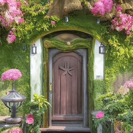 AI generated:  A whimsical fairytale house with a thatched roof and a round door. The house is located in a lush e...