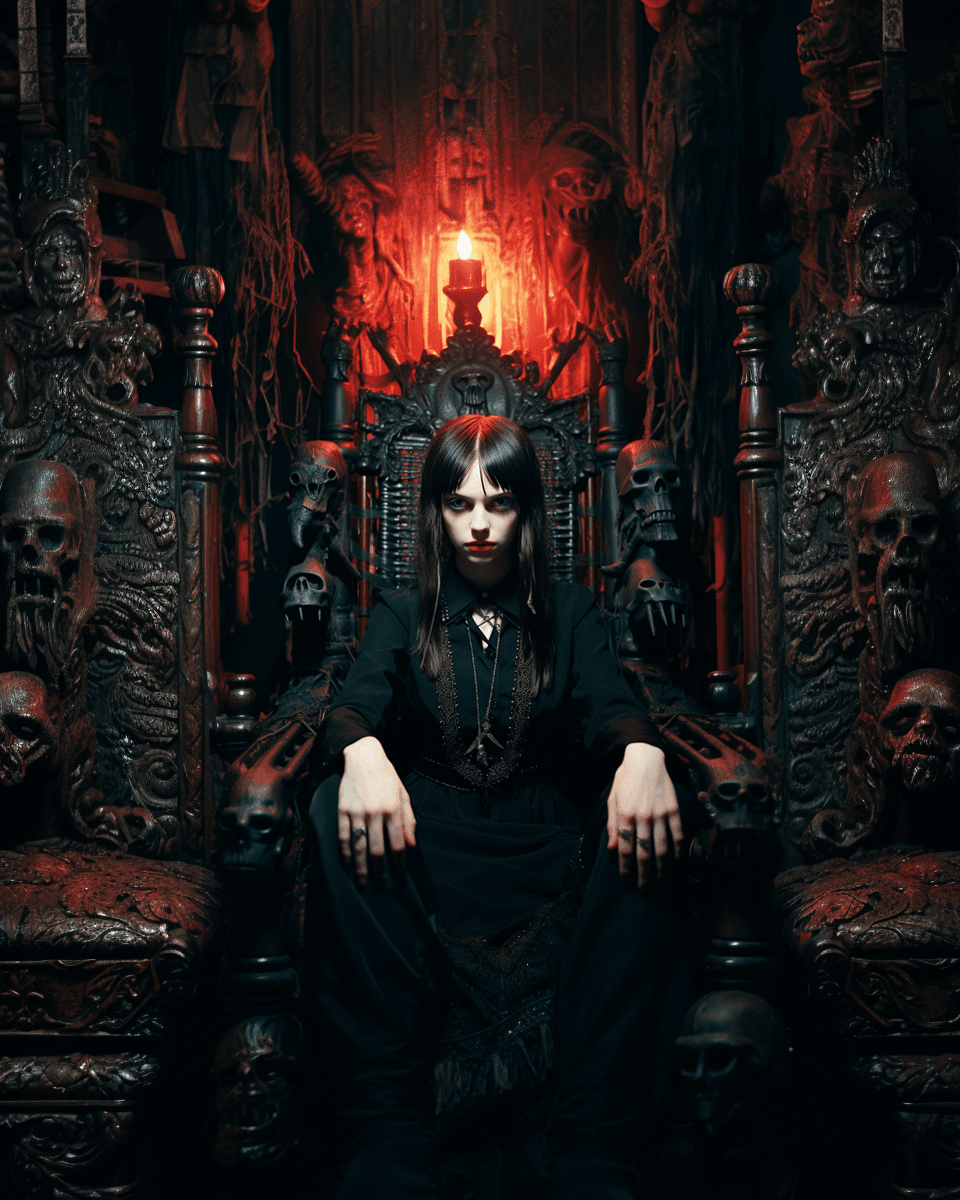 AI generated: ugly satanic witch sitting in a black throne looking at camera with demonic bloody eyes, nasty grin,...