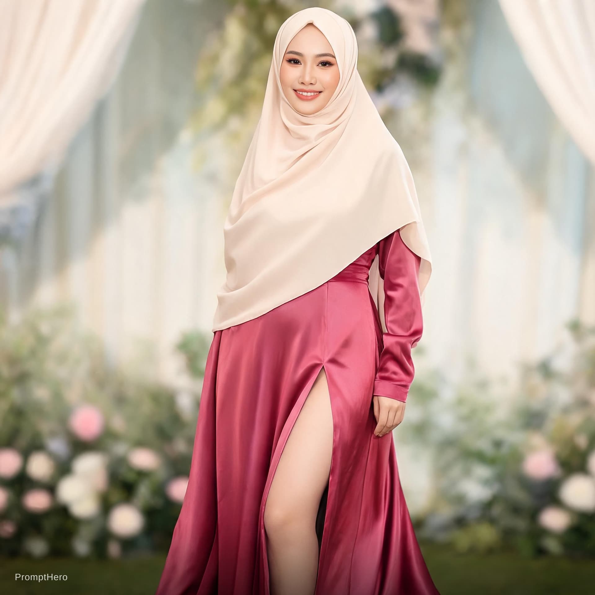 AI generated: Hijab beautiful woman with a long dress with open slit to her waist 