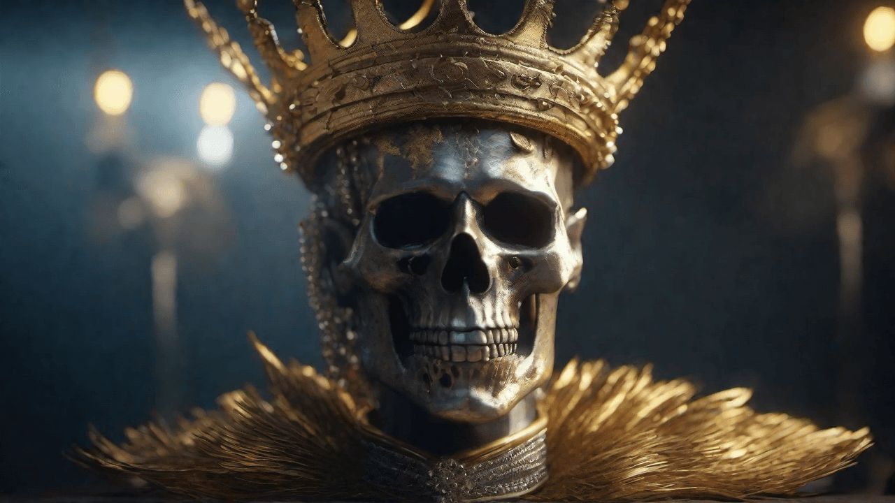 AI generated: Undead king with golden crown and necklaces, golden sunrays headdress, dead white eyes, dead dry ski...