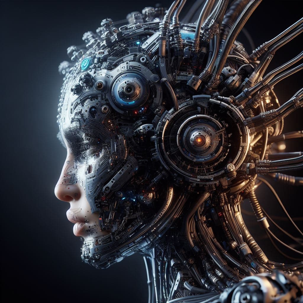 AI generated: a very detailed image of a female cyborg,half human,half machine,very detailed,with cables,wires,mec...