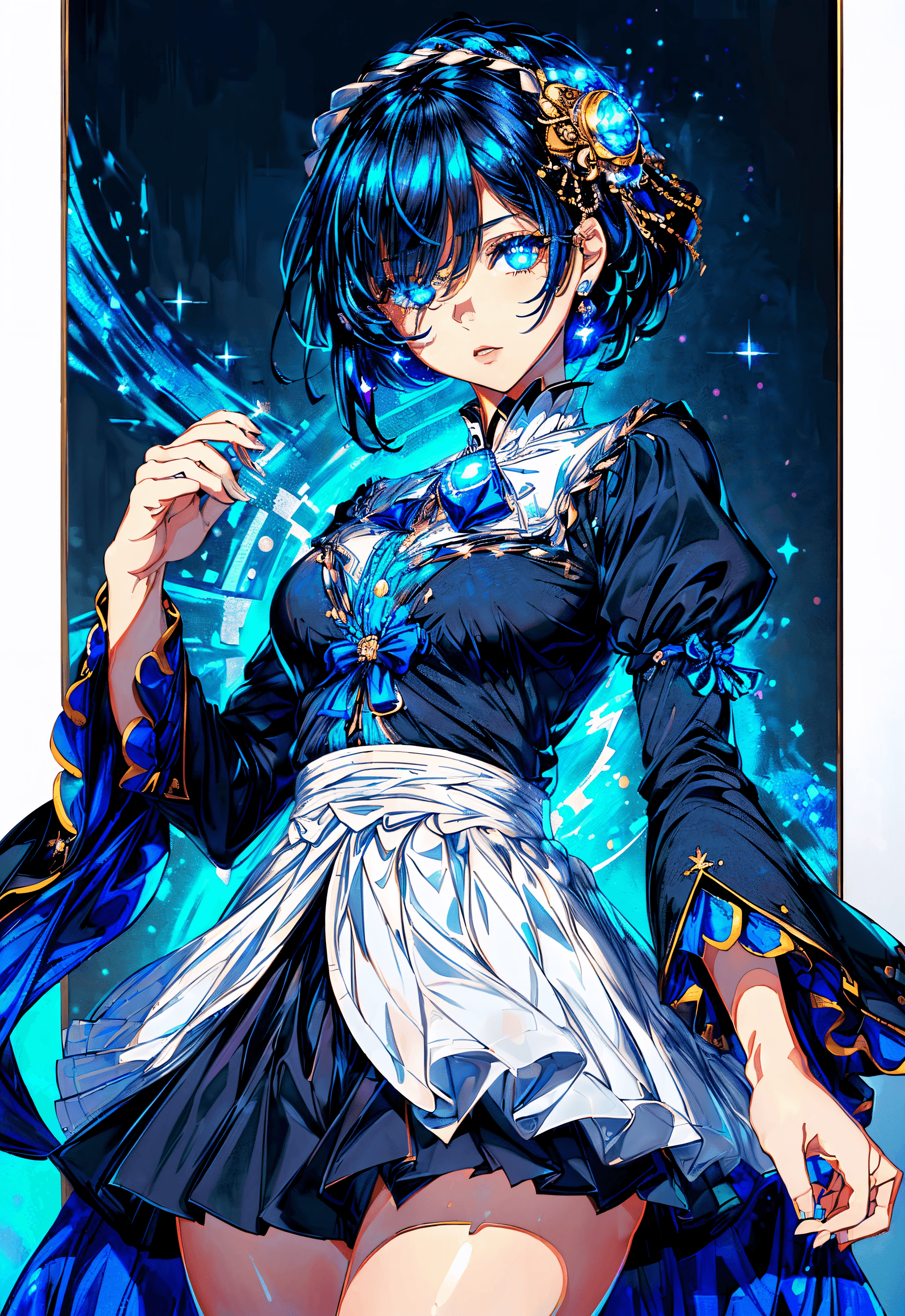 AI generated: (masterpiece), (high quality, best quality:1.3), 1 girl, solo, hair covering one eye, (glowing eyes:...