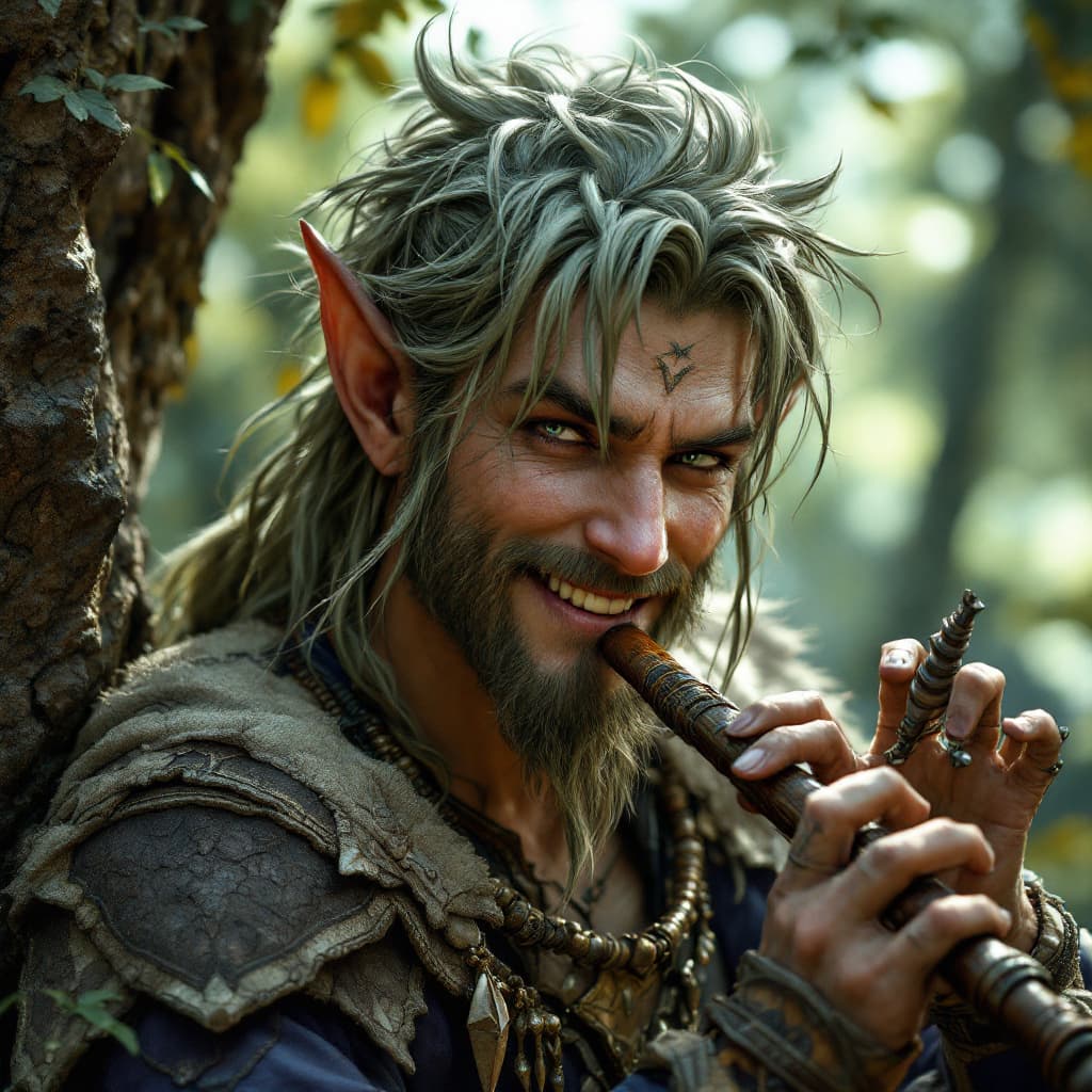 AI generated: happy male forest elf, musical bard playing panpipes, ultra realistic, concept art, intricate detail...