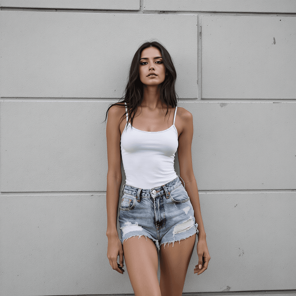 AI generated: A skinny female model in a white tank top and jean shorts, leaning against a wall with her head up, ...