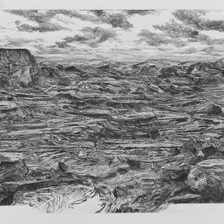 AI generated: black and white etching, black ink drawing, of a stunning city of stone inside a gray granite canyon...