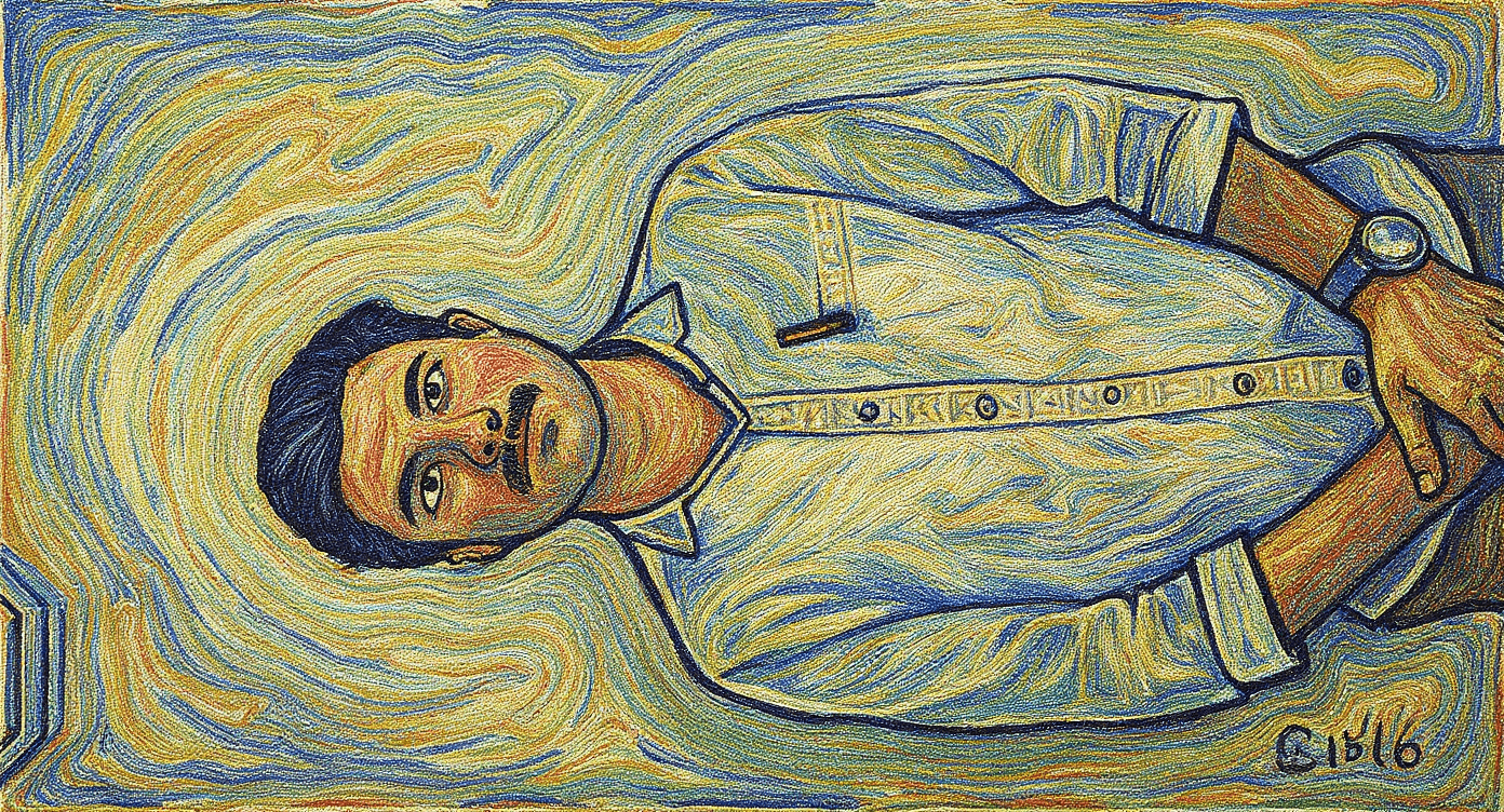 AI generated: illustration, art, man, face, gaze, mosaic, mondrian, consisting random colors, black outline, patte...
