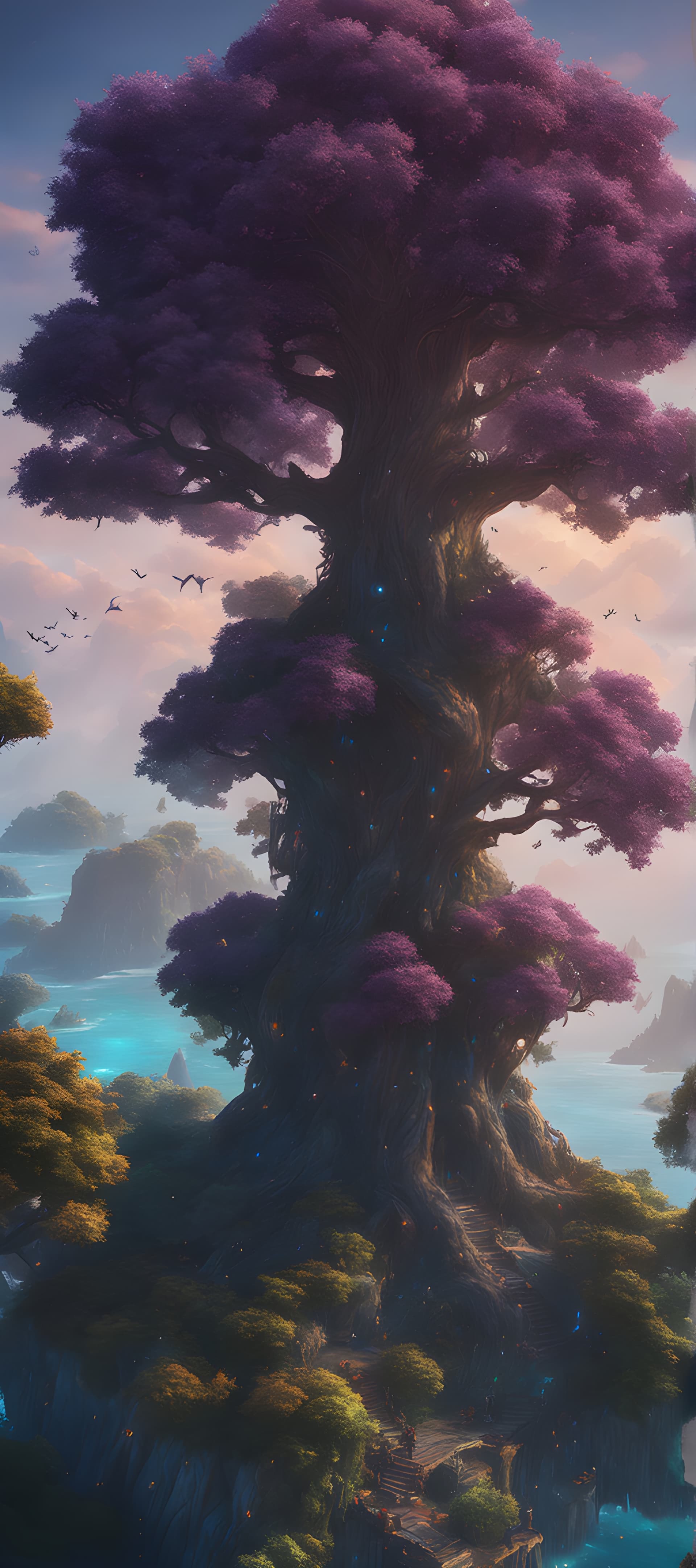 AI generated: Bird's-eye view Incredible, fabulous and beautiful massive scale tree Teldrassil, located in Veiled ...
