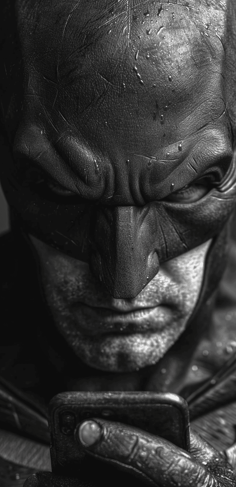 AI generated: batman holding a phone, in the style of dramatic black and white portraits, realistic hyper-detail, ...