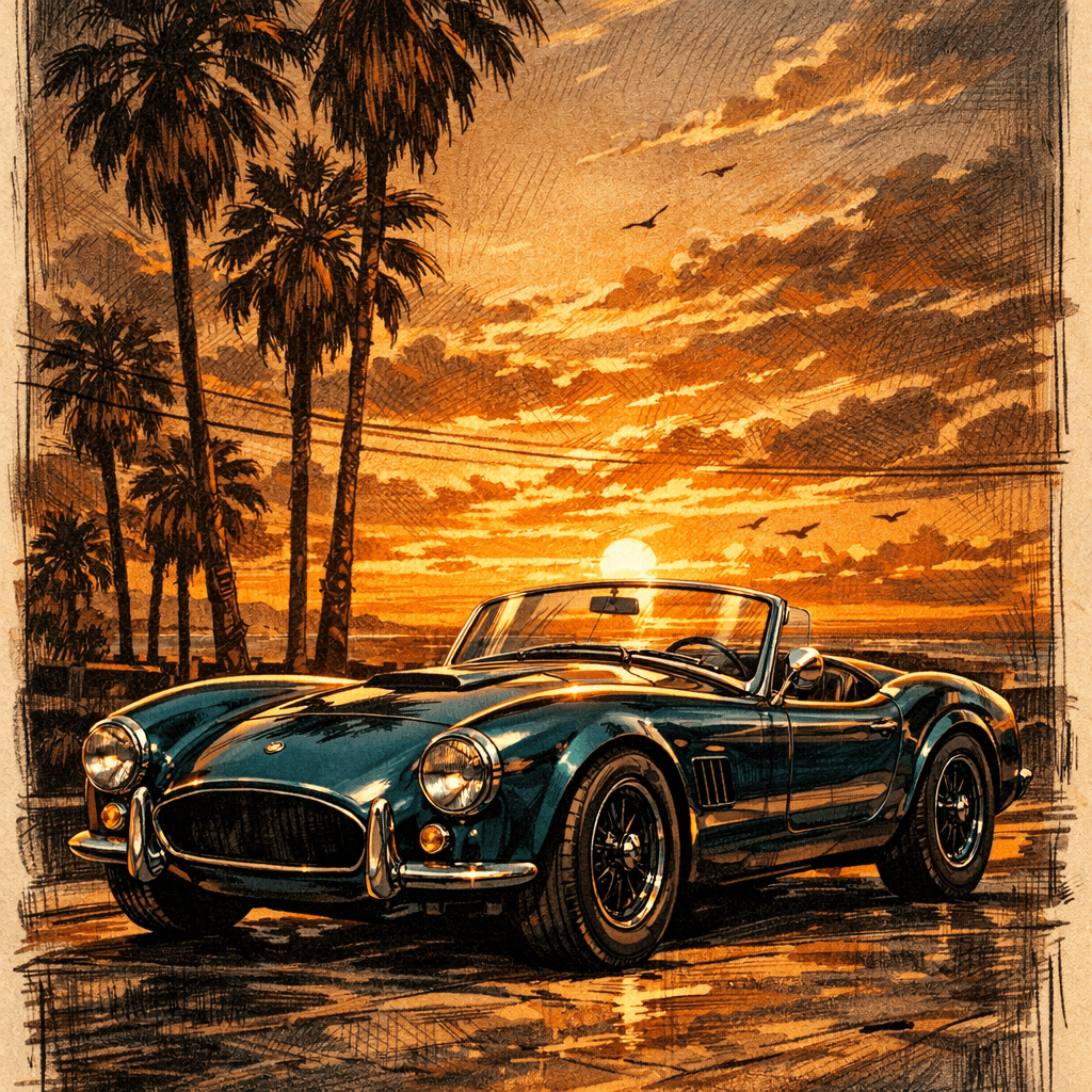 AI generated: A vintage convertible sports car with a sleek design, featuring a deep teal color with chrome accent...
