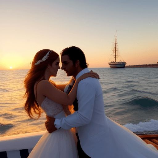 AI generated: una pareja de enamorados en el mar con la puesta del sol