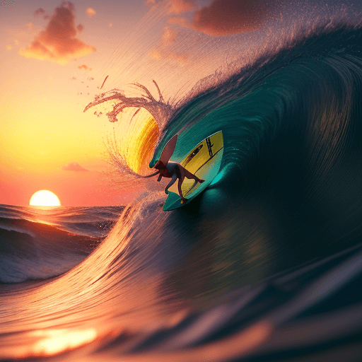 AI generated: photorealistic 32k, baby bunny surfing a wave, cinematic lighting, sunset 