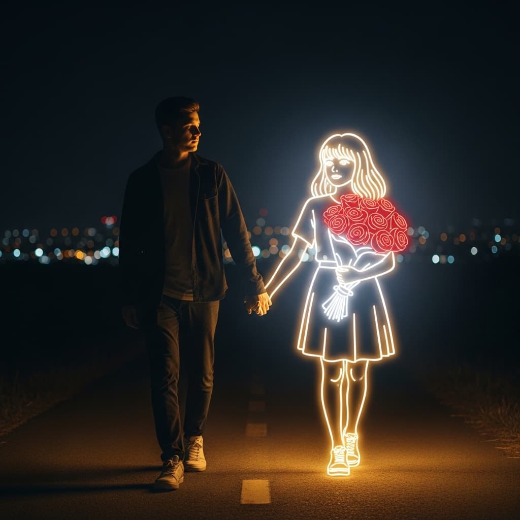 AI generated: Young man walks alone on a dimly lit path at night, wearing dark casual clothes and white sneakers. ...