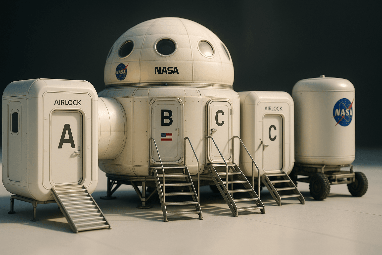 AI generated: A realistic cinematic shot of a modular NASA deep space habitat on a flat white test surface, featur...