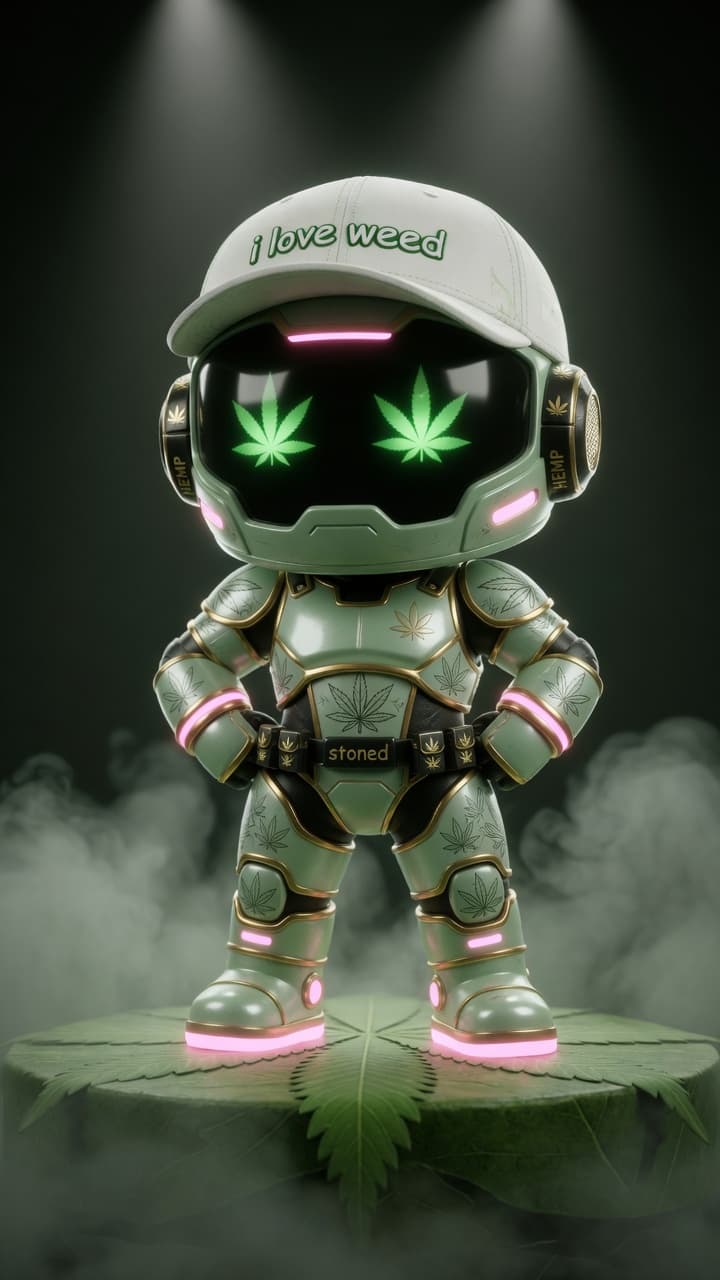 AI generated: AAA 4K hyper-realistic cinematic product portrait of a stylized futuristic chibi robot mascot cannib...