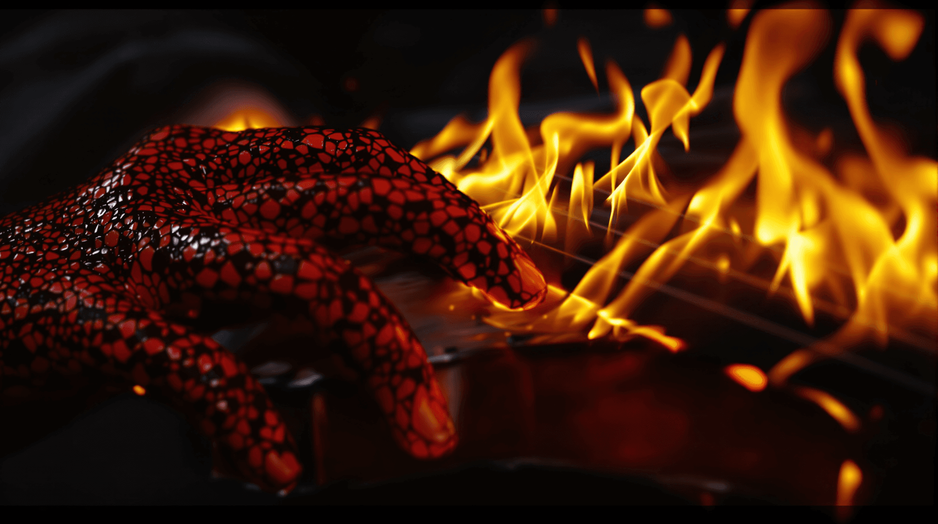 AI generated: A centered close-up shot focusing on the demonic musician's hands on the violin fingerboard, reminis...