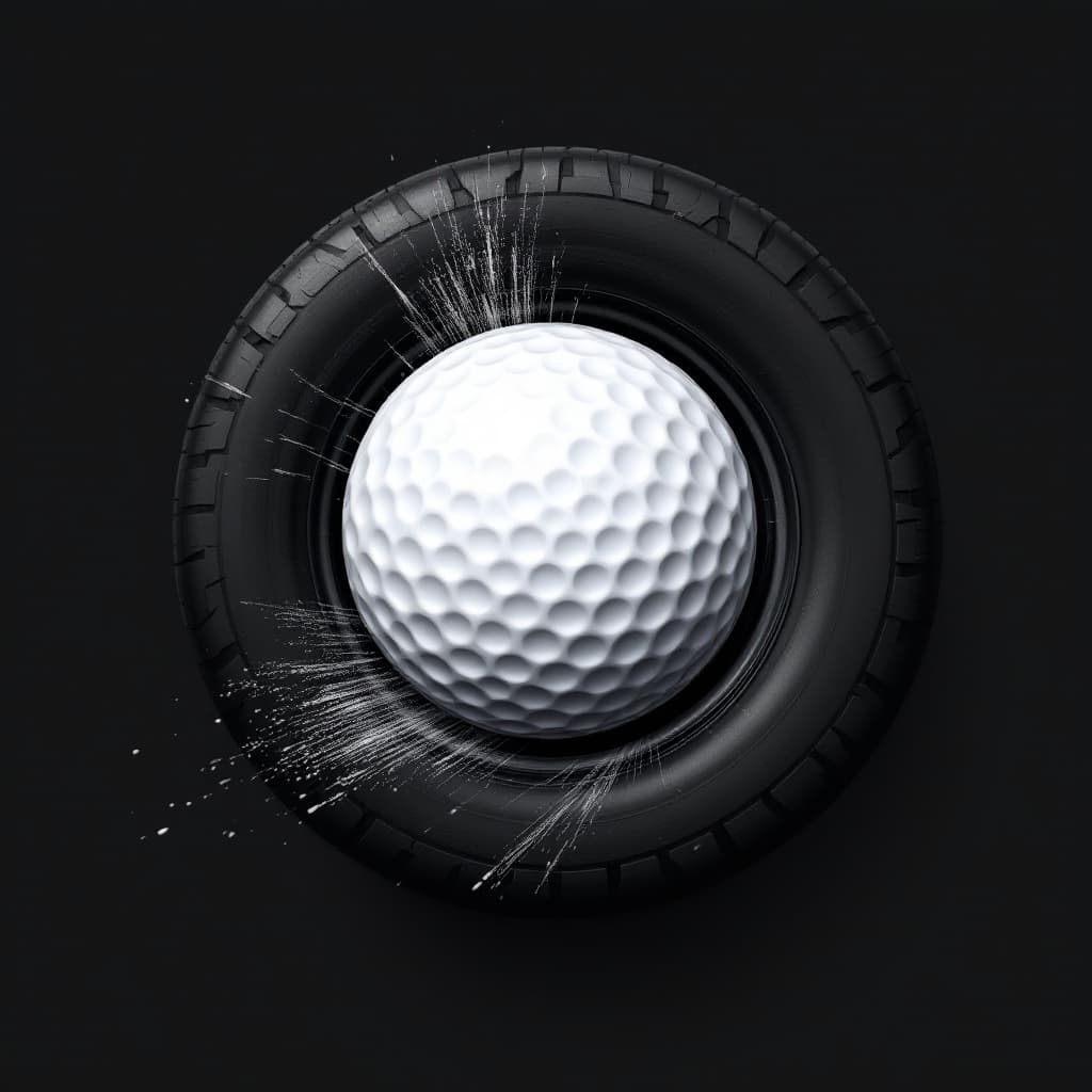 AI generated: A race car tire golf ball with tread marks and speed effects.