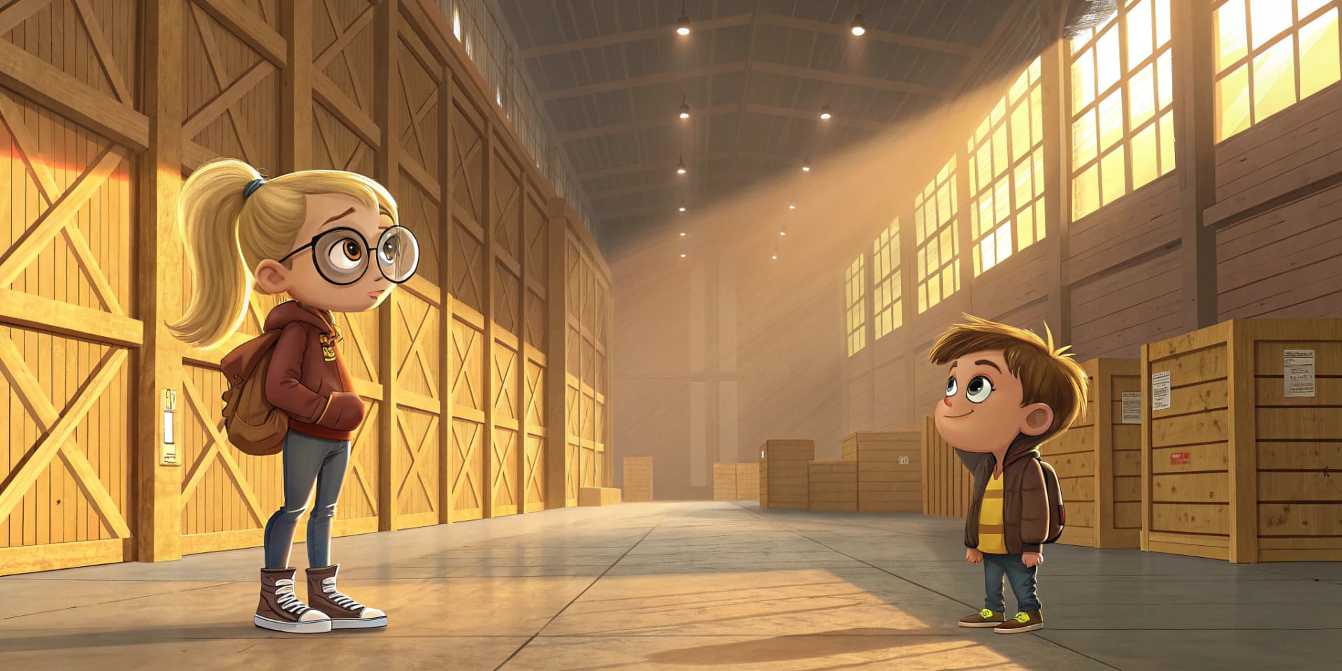 AI generated: A vibrant Pixar-style 3D illustration for a two-page storybook spread, set in a vast warehouse with ...