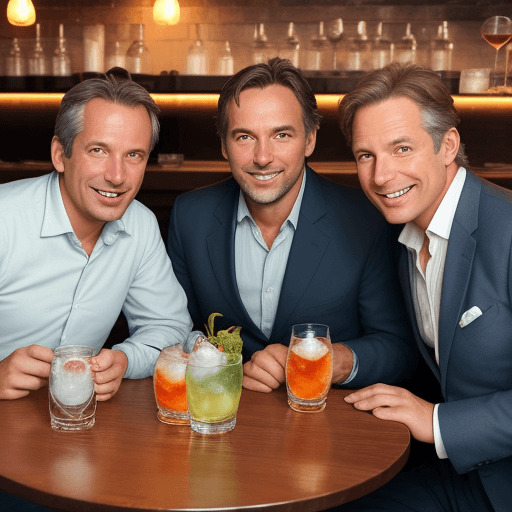 AI generated: Three men between 45 and 55 years old, with more and brown hair, having fun in a restaurant with gin...