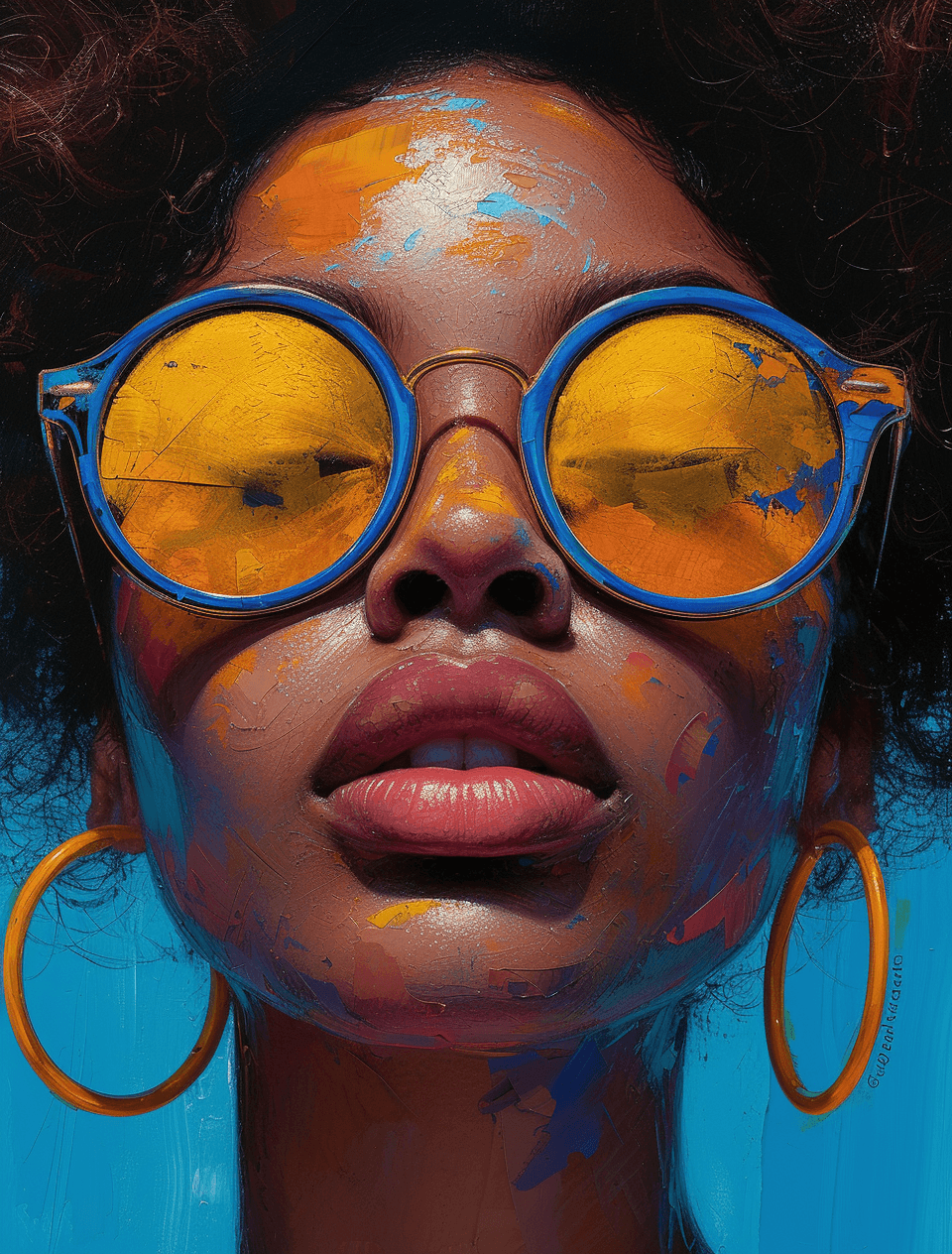 AI generated: a woman wearing colored painted glasses,in the style of hip-hop influenced, bold graphic illustratio...