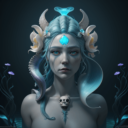 AI generated: landscape goddess portrait ribcagel. mermaid head, nautilus, orchid, skull, blue hair, bioluminescen...