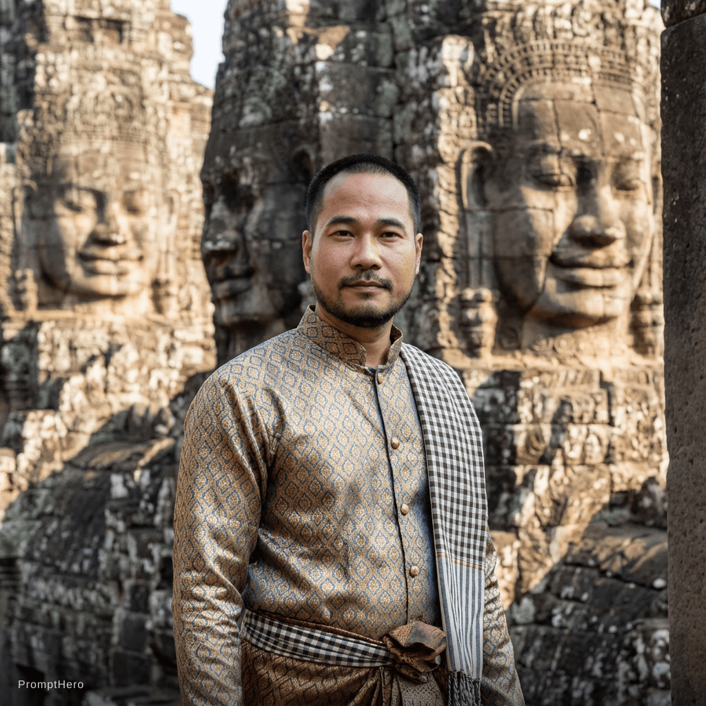 AI generated: Make my hair become shorter 
Wearing KHMER MEN TRADITIONAL CLOTHING 
STANDING IN FRONT OF THE BAYON ...