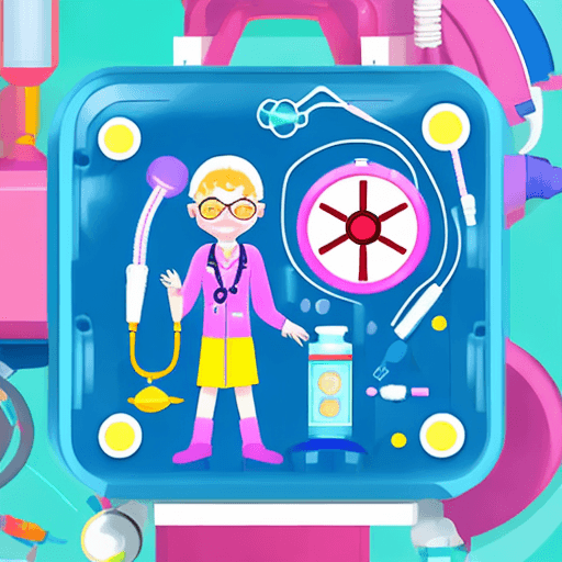AI generated: an icon of a sci-fi doctor, with equipment resembling a girl's medical playset. colorful plastic and...