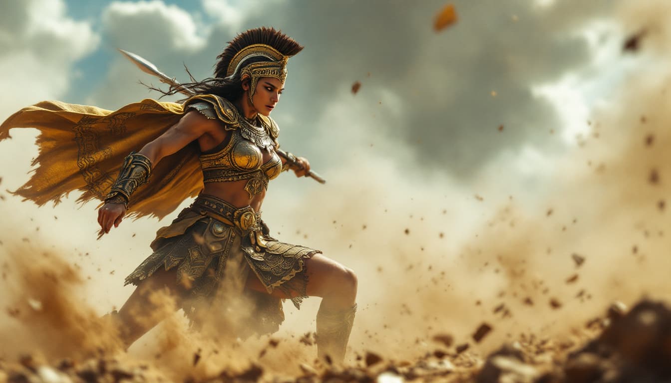 AI generated: hyper realistic .Low-angle shot of Parushat slamming her spear into the ground, dust swirling around...