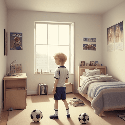 AI generated: Cute, little boy with blond hair, in his room, looking at the poster on the wall with famous footbal...