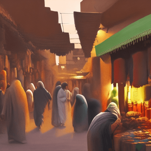 AI generated: A crowded bazaar in Marrakesh as the evening calls to prayer sound, textured acrylics