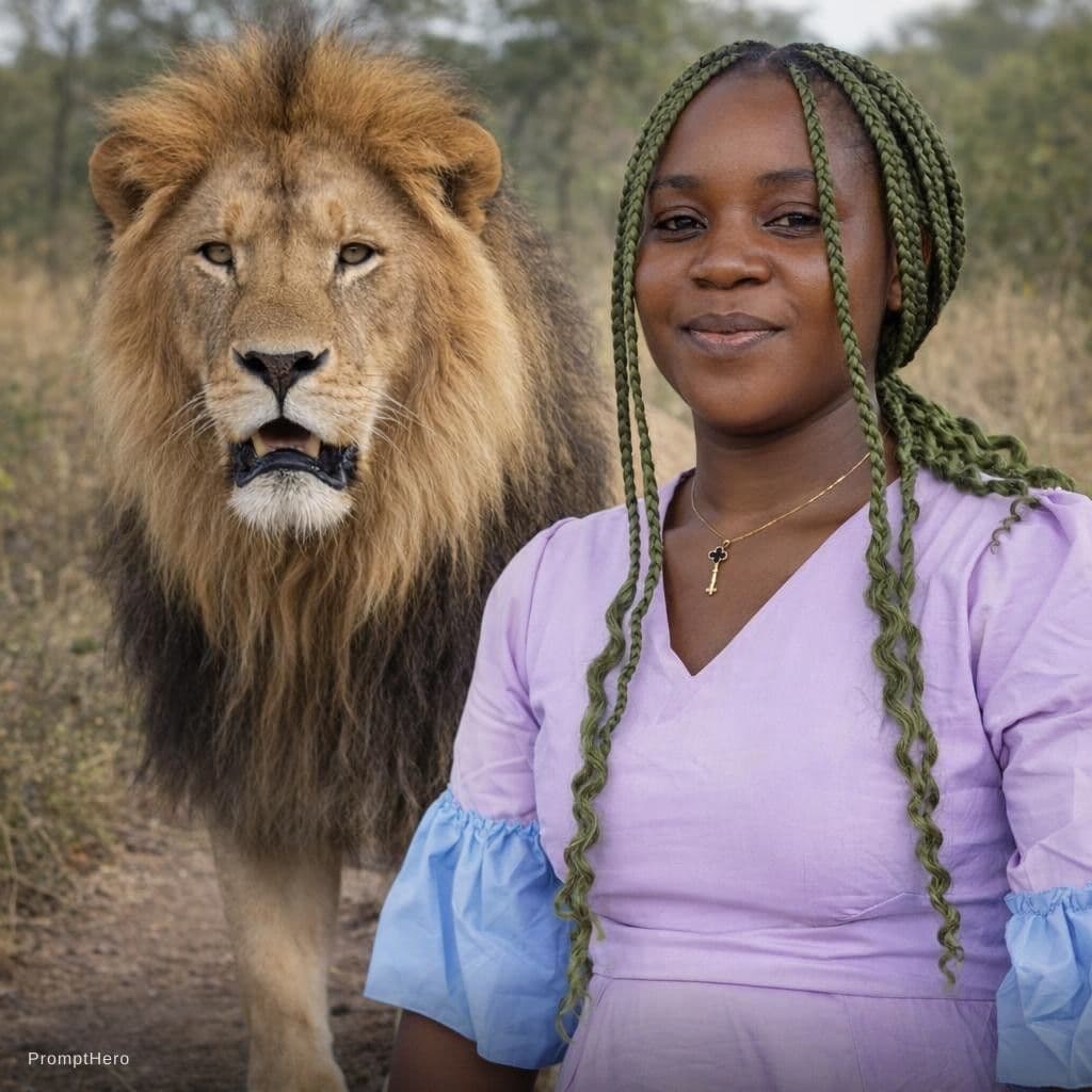 AI generated: Elle doit rester à côté d'un lion en brousse 