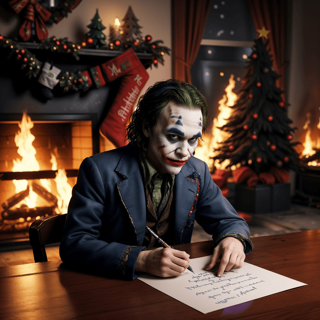 AI generated: a photo of joker writing on a table a letter christmas wish,wistful glance to the side,christmas eng...