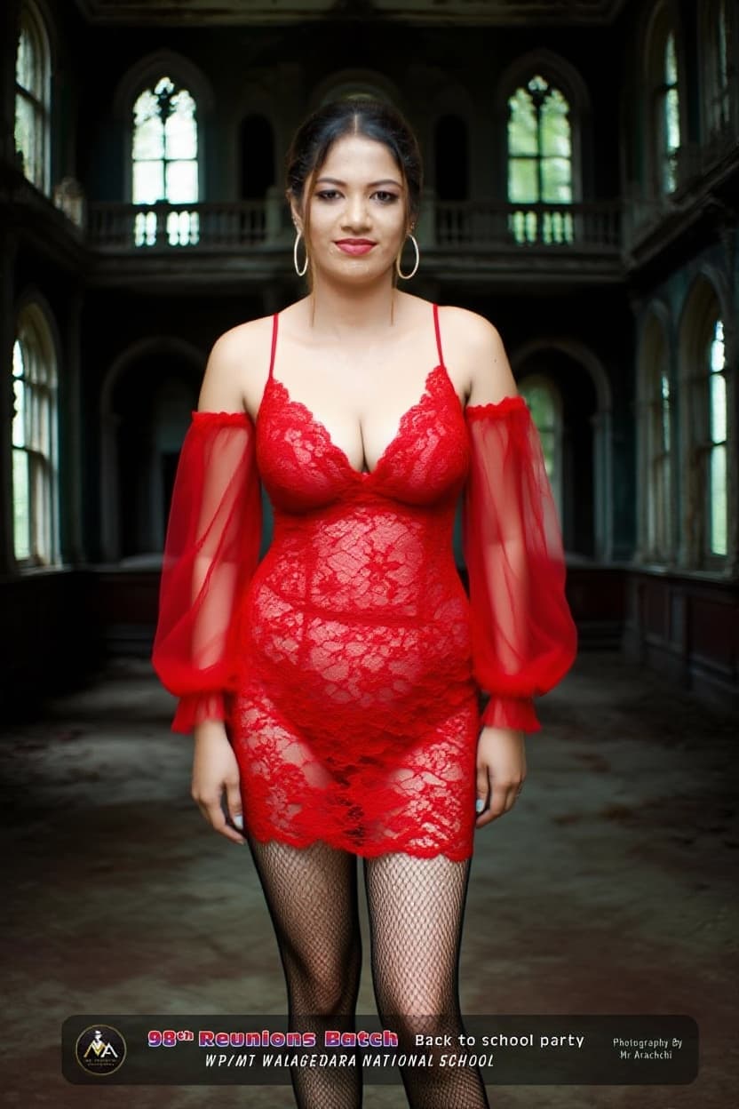 AI generated: Full body view of semi naked selfie on a old mansion of a full body of a erotic woman, red fishnet p...